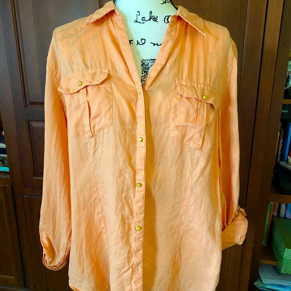 Chico’s Women 100% Linen Shirt Size 2 - US Large Peach color